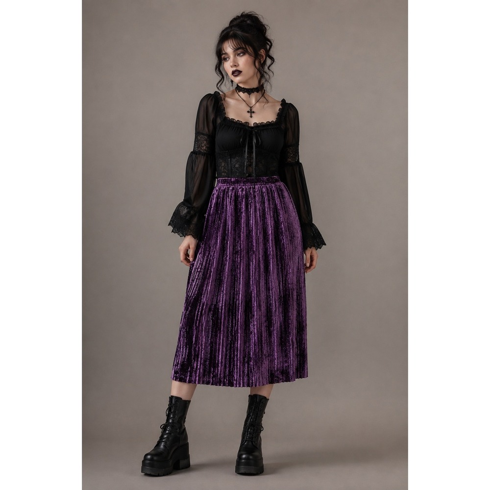 Whimsigoth Purple Crushed Velvet Pleated Midi Skirt Raw Hem Goth Size M